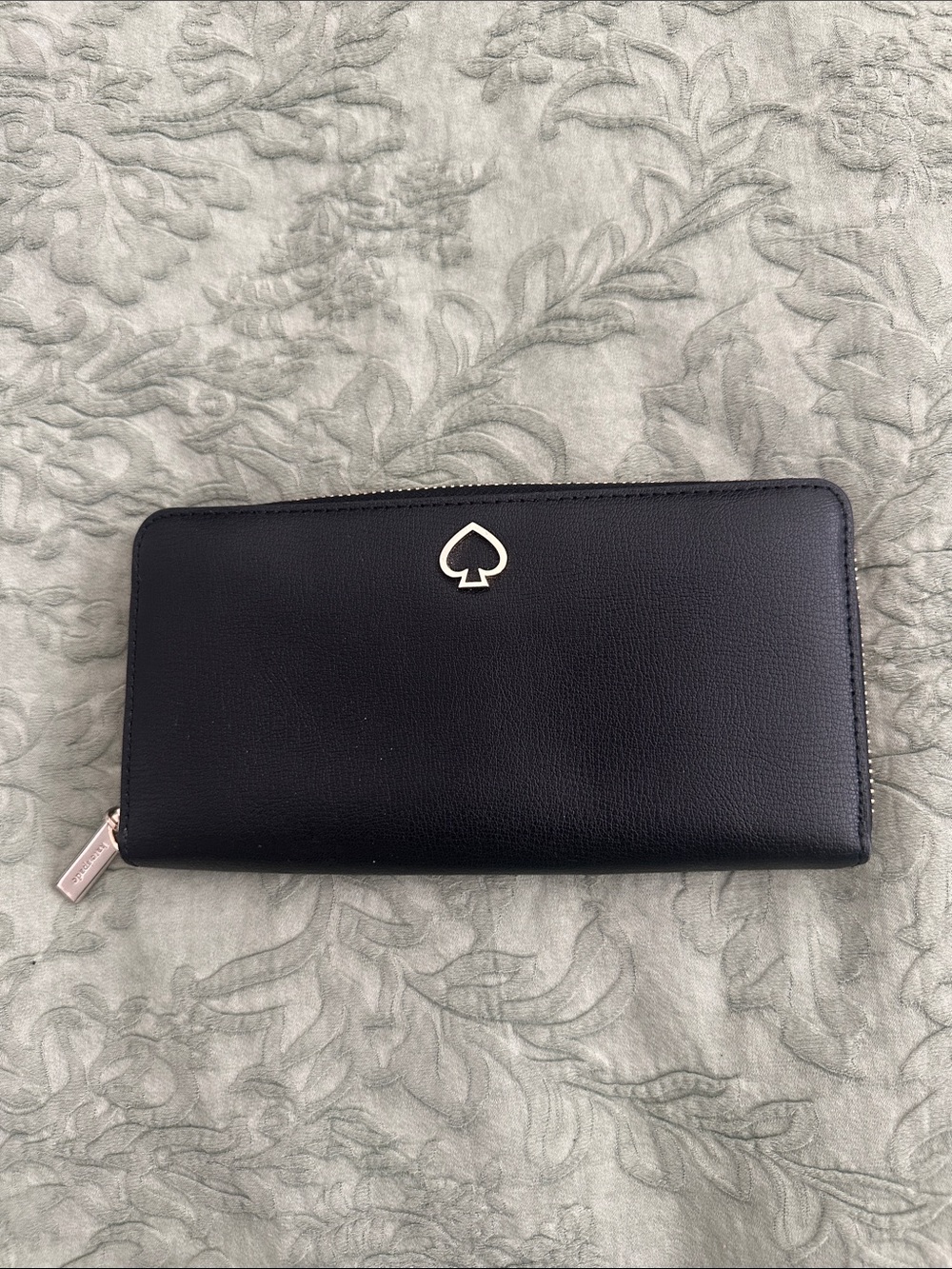 kate spade Black Zip-Around Leather Continental Wallet with Spade Logo